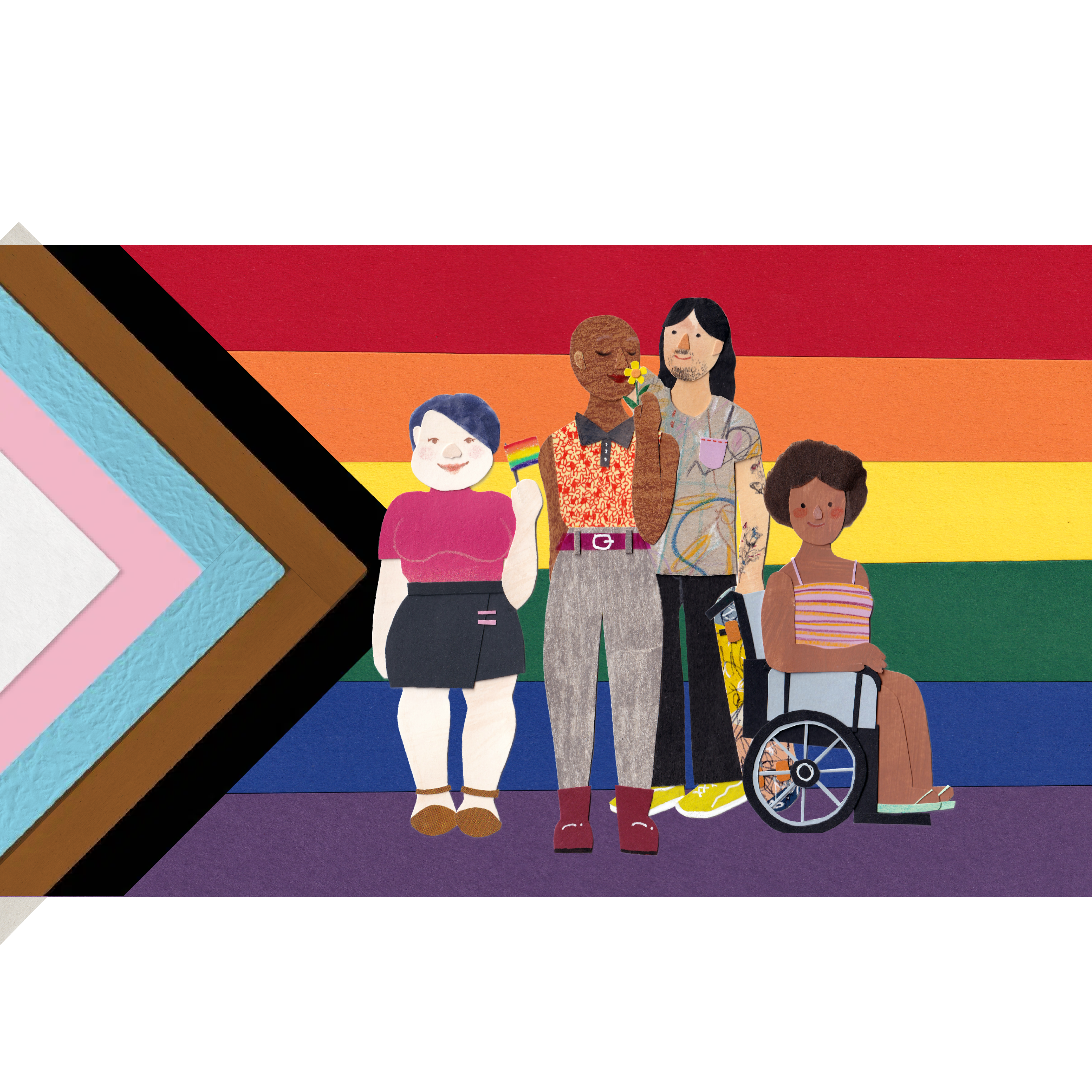 A group of queer people with various skin colors and abilities in front of an inclusive Pride flag.